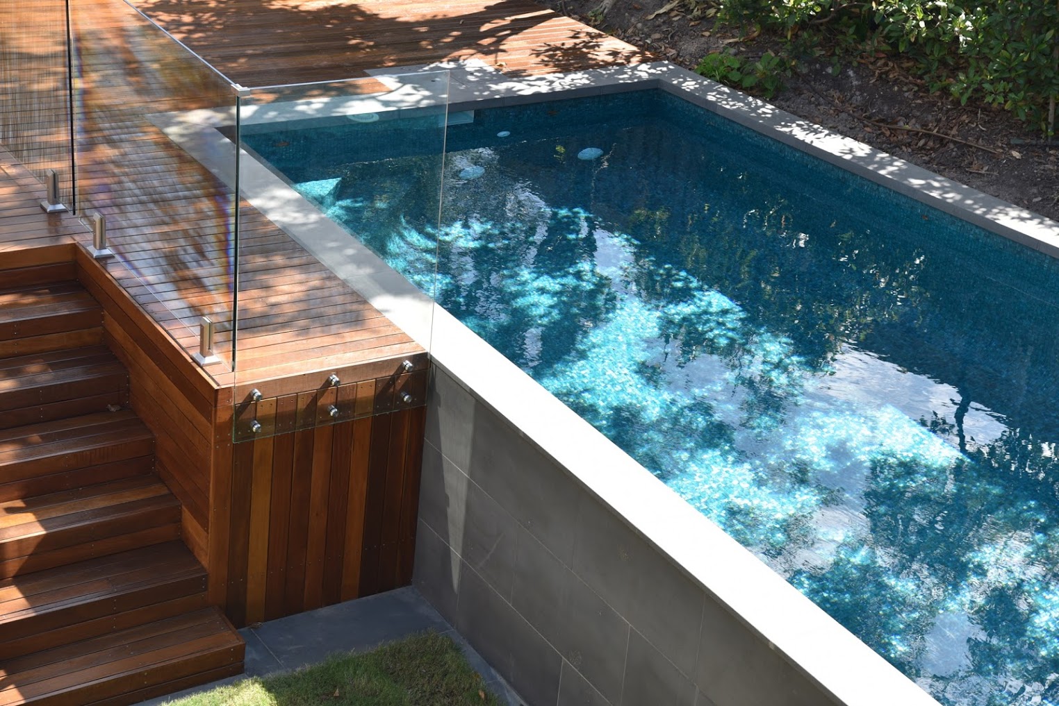 Spotted Gum pool deck with glass balustrade — Melbourne