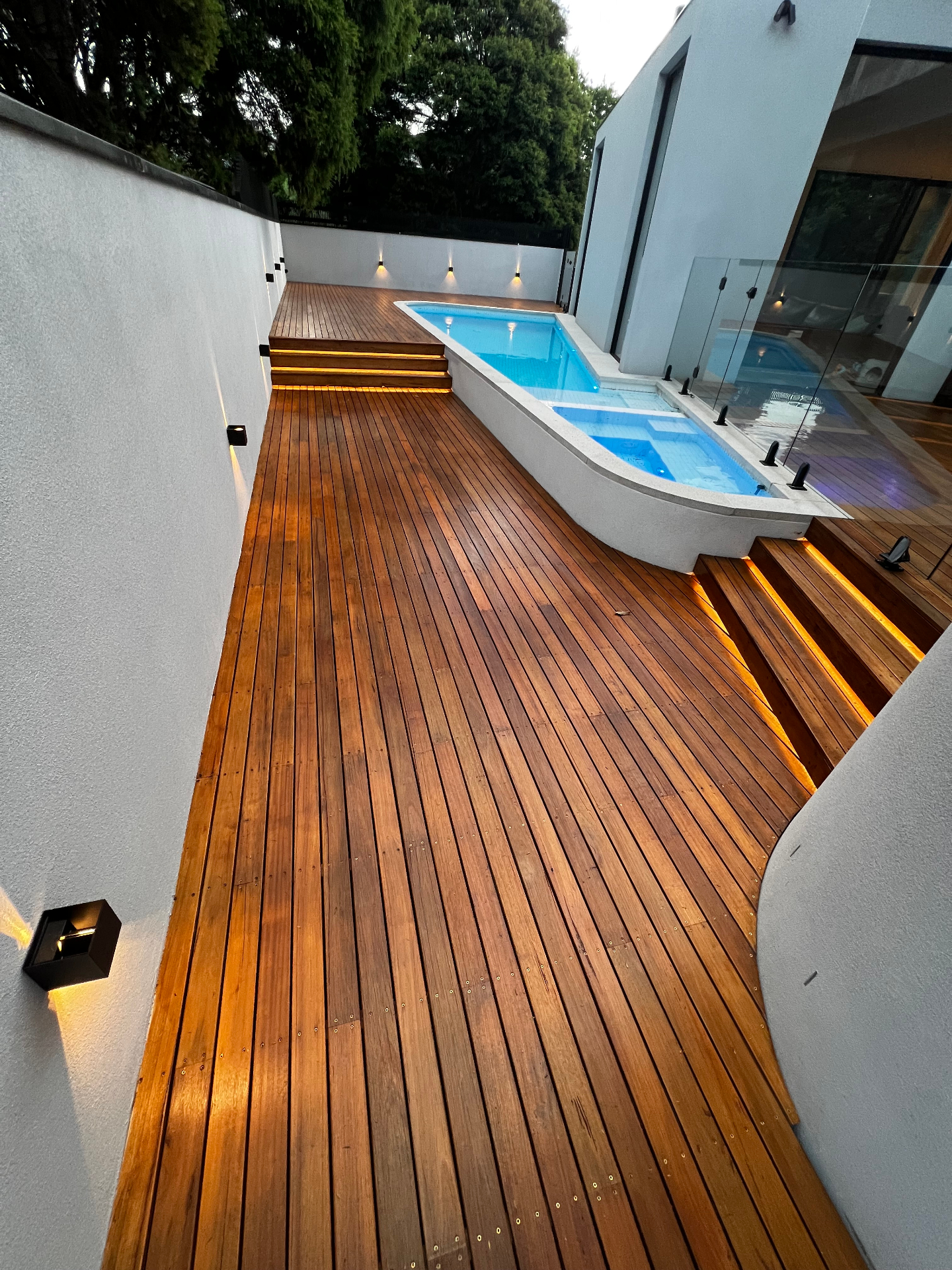 Spotted Gum pool deck with feature lighting — Melbourne